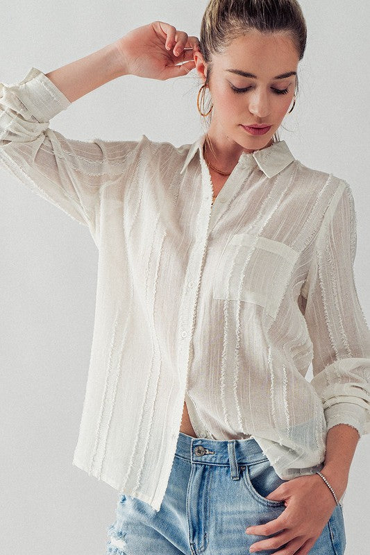 Frayed Textured Button Up Blouse